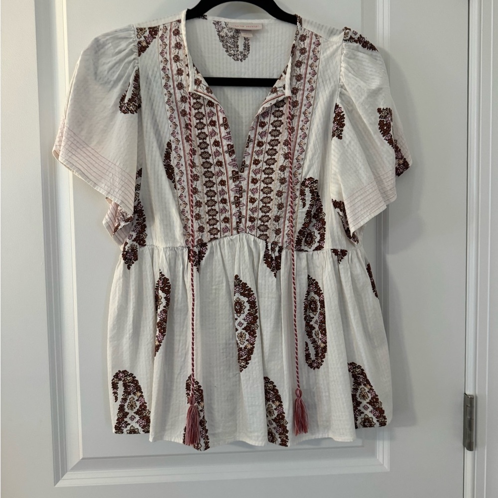 Knox Rose White, brown @ pink Boho Embroidered Print Top